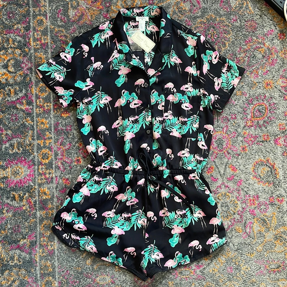 Forever 21 Lingerie NWT Silky Sleep Romper M Black w/ Flamingo Print 🦩🦩🦩